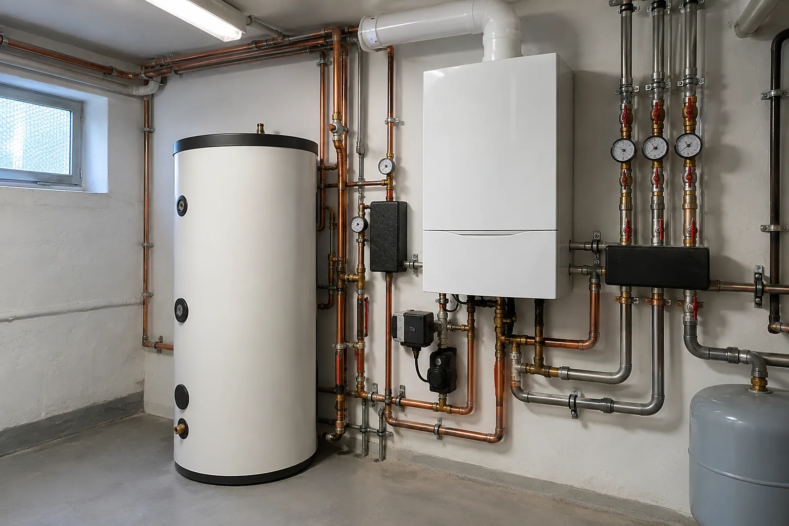 Neu installierte Gas-Brennwertheizung mit Pufferspeicher im Keller eines Berliner Mehrfamilienhauses