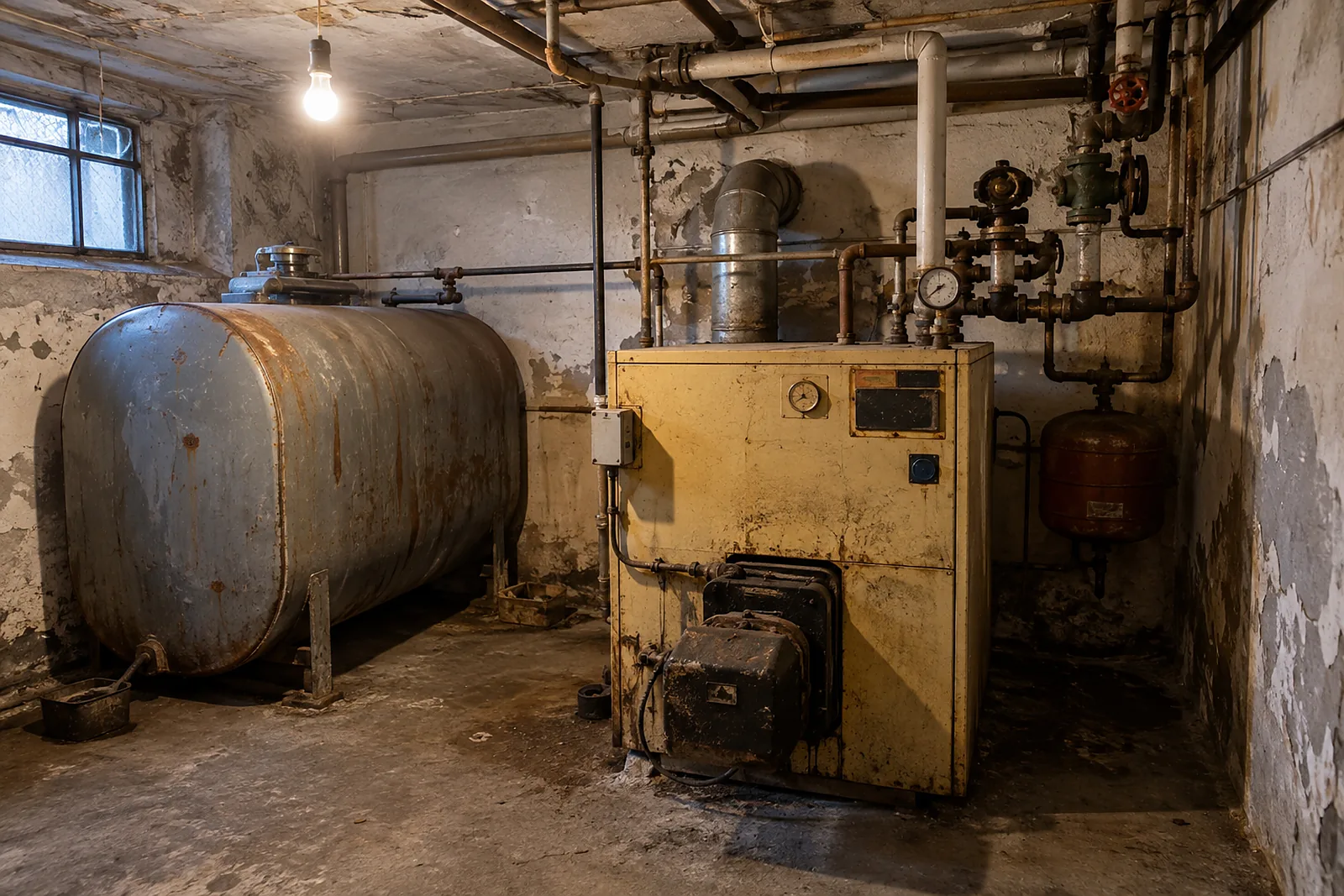 Heizungsbau Treptow: alter Ölkessel mit Stahltank im Keller vor dem Heizungstausch
