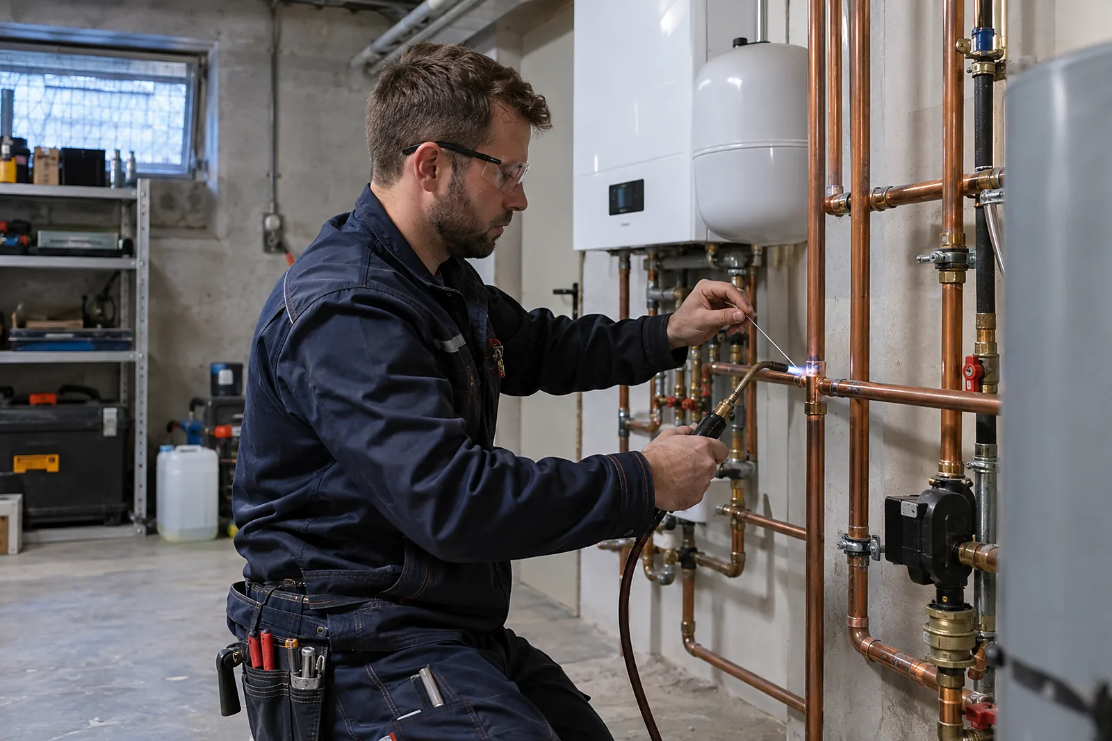 Gewährleistung Berlin: Monteur verlötet Kupferrohre an der neuen Heizungsanlage