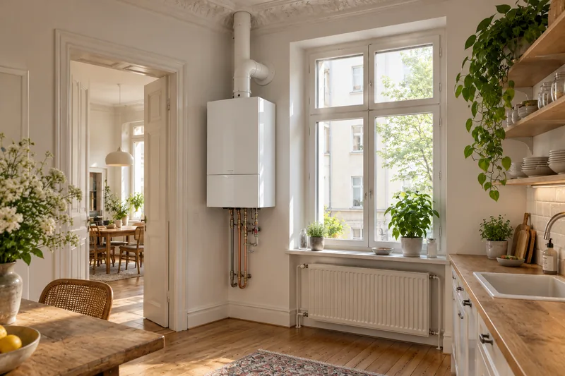 Gastherme Berlin: wandhängende Gas-Brennwerttherme in einer Berliner Altbauküche