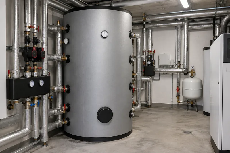 Pufferspeicher Berlin: gedämmter Pufferspeicher mit 1.000 Litern in einer Heizzentrale