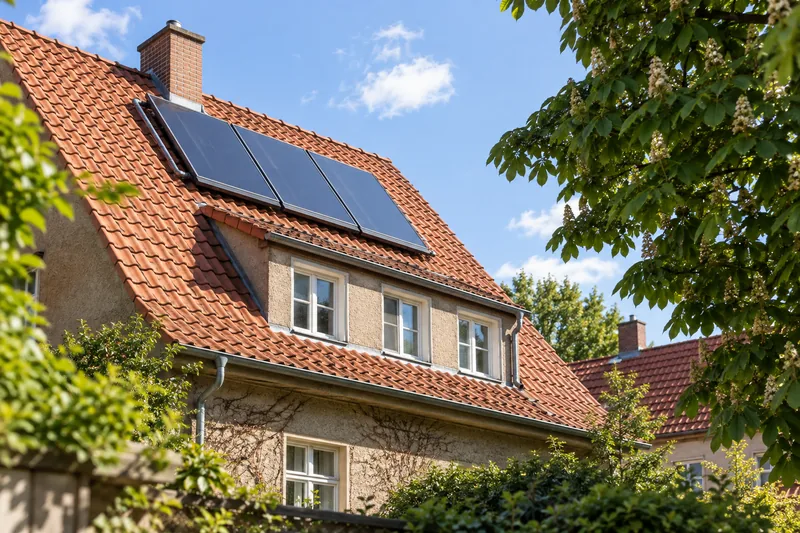 Solarthermie Berlin: Solarthermie-Kollektoren auf dem Ziegeldach eines Siedlungshauses