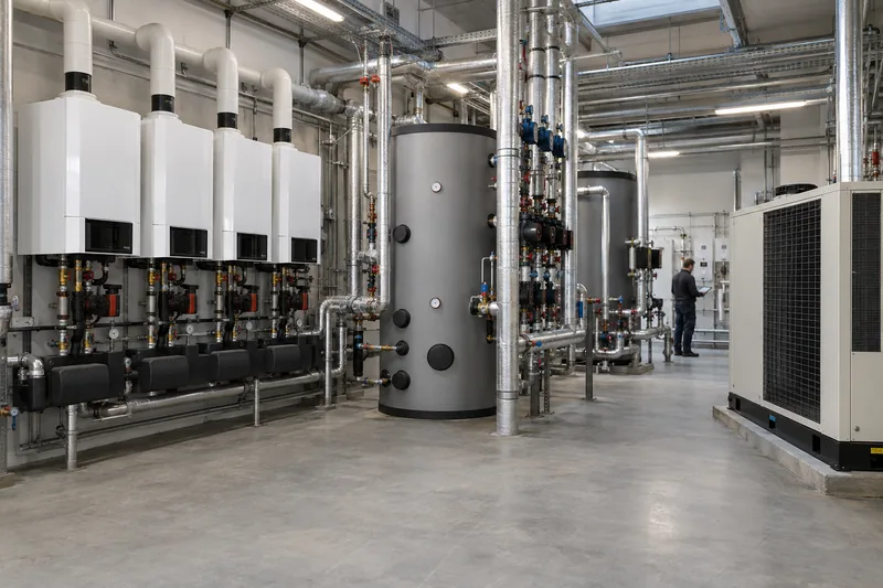Gewerbe Berlin: Heizzentrale mit Kesselkaskade und Großwärmepumpe in einem Gewerbeobjekt