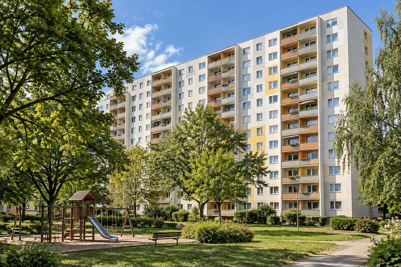 Heizungsbau Lichtenberg: sanierter Plattenbau mit Grünfläche im Berliner Osten