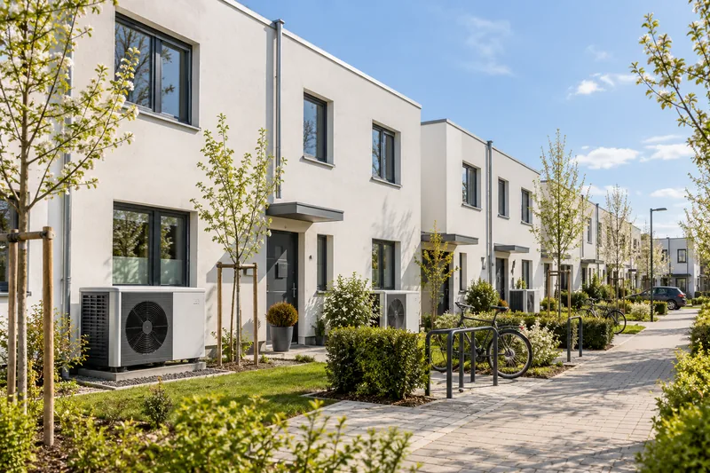 PV und Wärmepumpe Berlin: neue Reihenhäuser mit Wärmepumpen im Berliner Umland