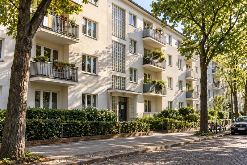 Mehrfamilienhaus Berlin: Mehrfamilienhaus der 1950er Jahre mit Balkonen in Westberlin