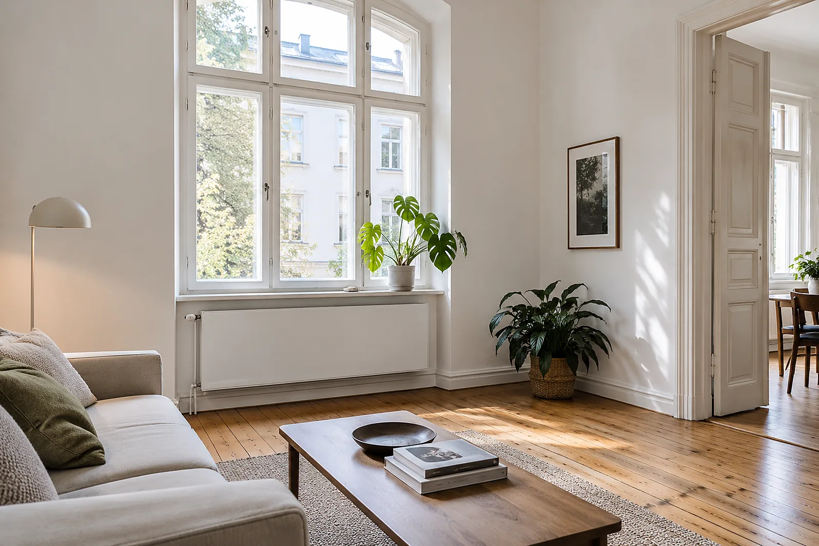 Hydraulischer Abgleich Berlin: flacher Niedertemperatur-Heizkörper unter dem Fenster eines Altbau-Wohnzimmers