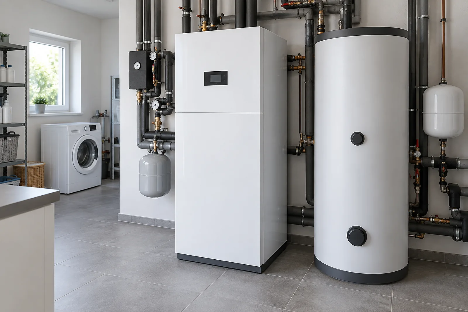 Pufferspeicher Berlin: Inneneinheit einer Wärmepumpe mit Warmwasserspeicher im Hauswirtschaftsraum