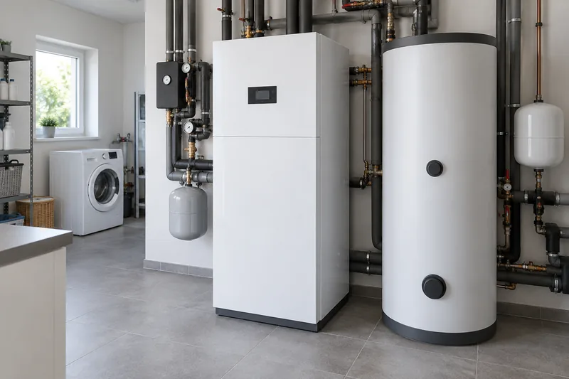 Inneneinheit einer Wärmepumpe mit Warmwasserspeicher in einem Hauswirtschaftsraum, Heizungsbau Berlin