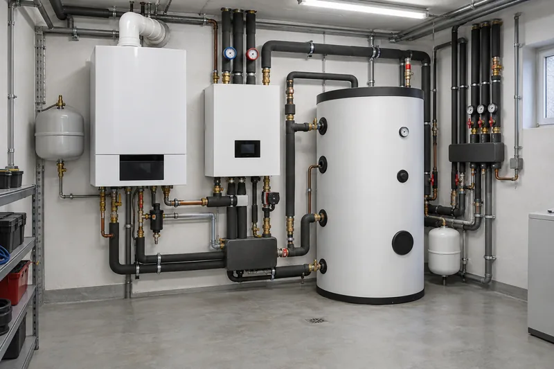 Hybridheizung aus Gas-Brennwerttherme und Wärmepumpenmodul in einem Berliner Keller