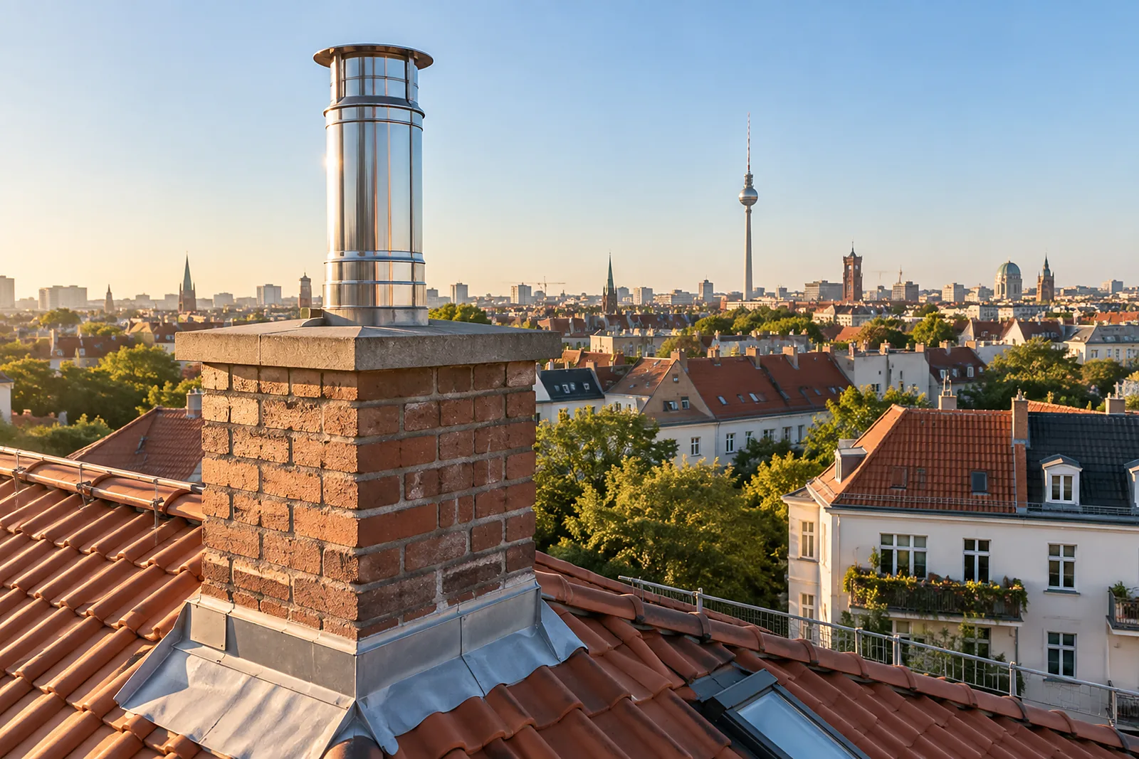Gasheizung Berlin: Schornstein mit neuer Edelstahl-Abgasleitung über den Dächern Berlins