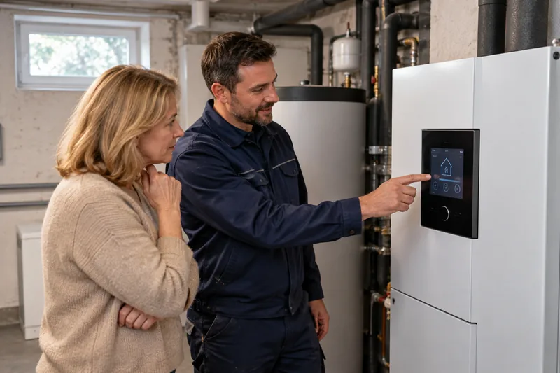 Förderung Berlin: Techniker erklärt der Eigentümerin die Regelung der neuen Wärmepumpe