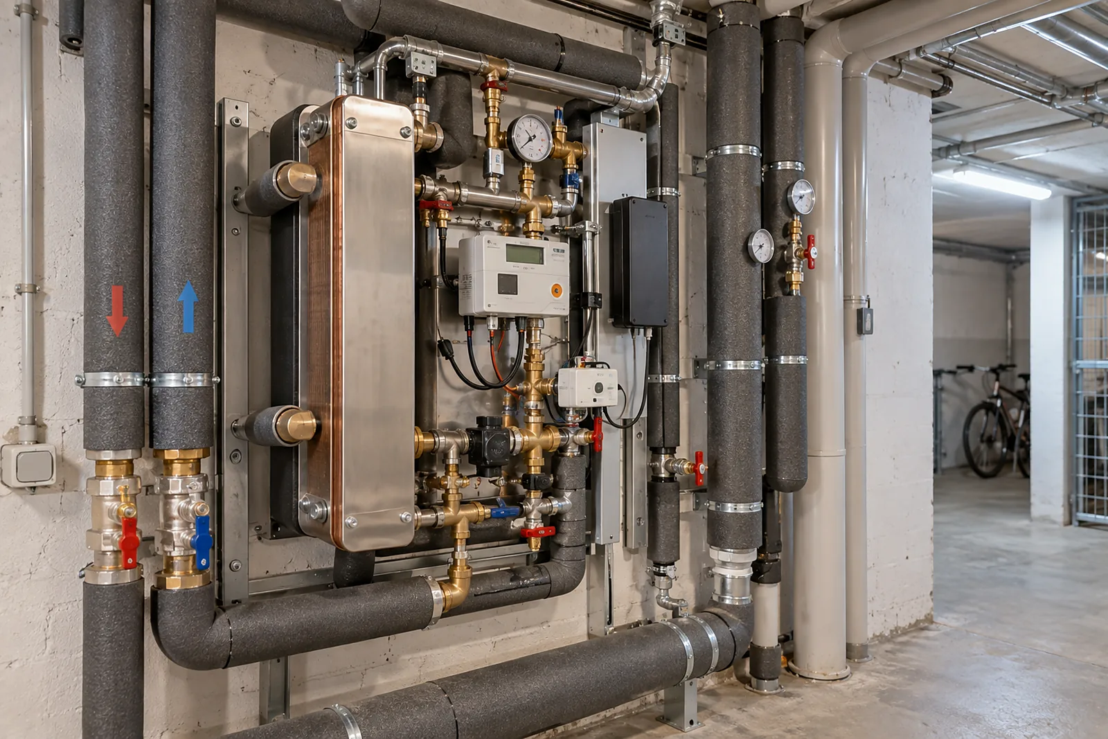 Heizungsbau Mitte: Fernwärme-Übergabestation mit Wärmetauscher und Zähler im Keller
