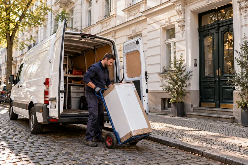 Ablauf Berlin: Handwerker-Transporter vor einem Berliner Gründerzeithaus, Heizkessel wird entladen