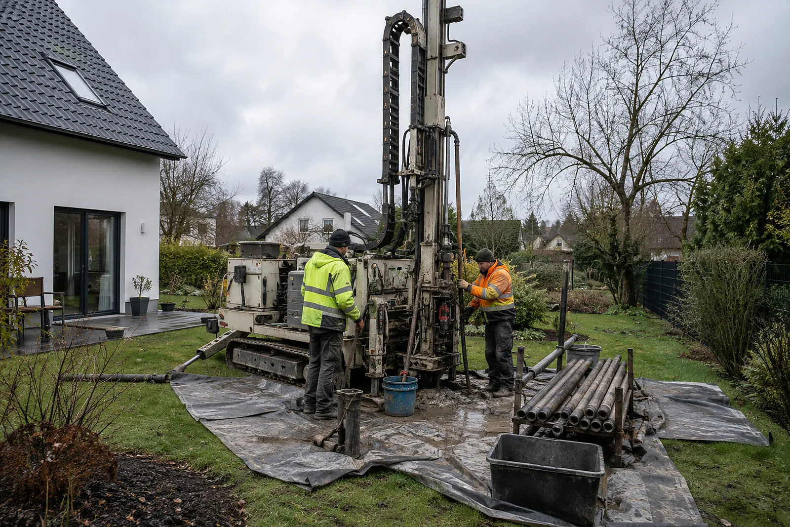 Heizungsbau Mahlsdorf: Bohrgerät für eine Erdwärmesonde im Garten eines Einfamilienhauses